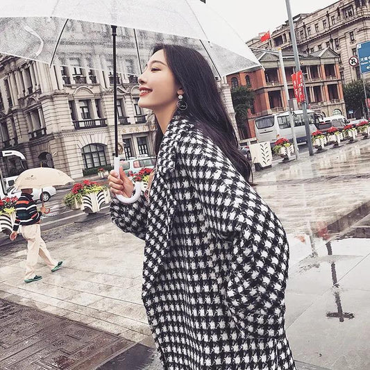 Autumn and Winter Woolen Coat Black and White Houndstooth Long Woolen Coat Over The Knee and Waist Plus Size Women's Woolen Coat