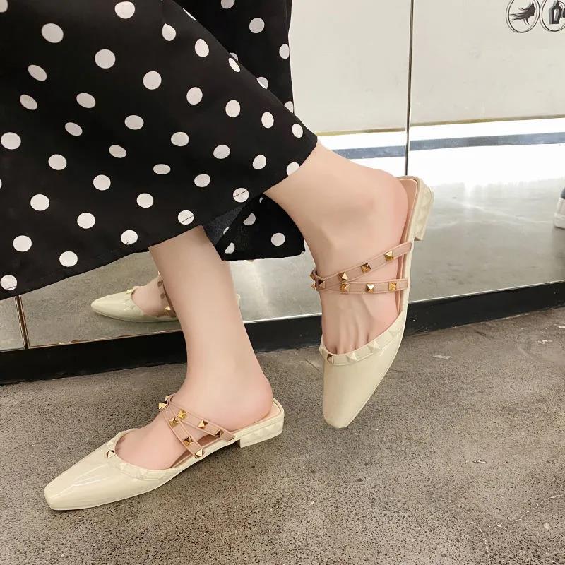 Office Ladies Summer Autumn Large Size Non-slip Baotou Slippers Women's Spring Solid Color Low Heel Rhinestones Single Shoes