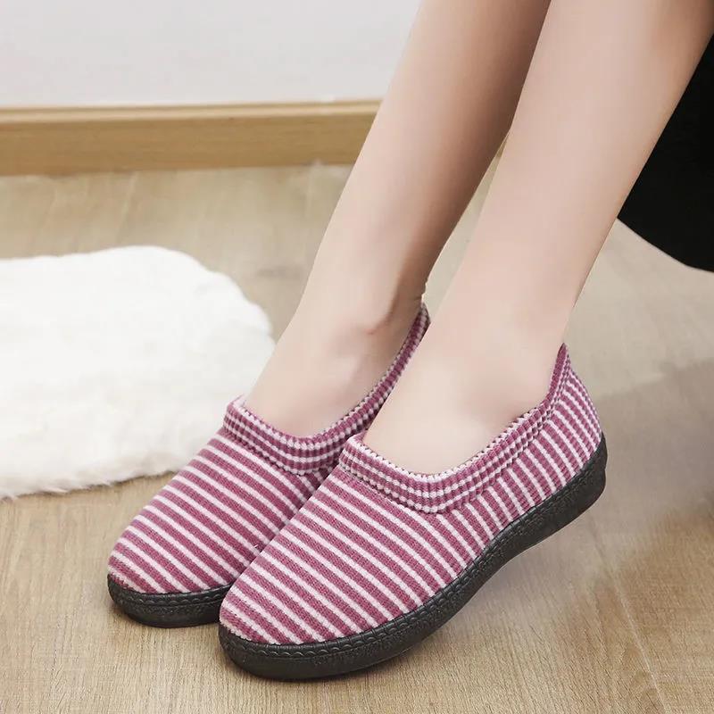 Winter Cotton Slippers Women's Cotton Shoes Cute Stripes Indoor Cotton Shoes Non-slip Warmth Plush Low-top Shoes