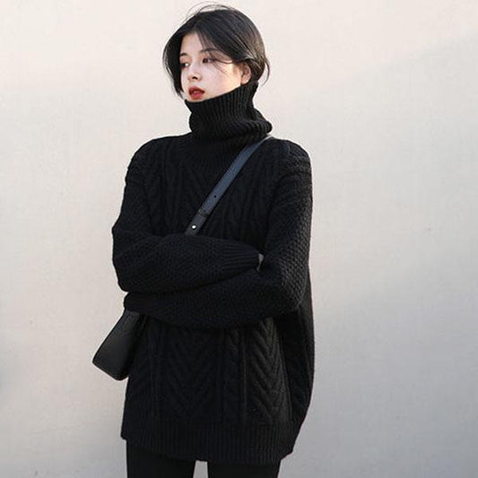 Autumn Retro Twist Sweater Outer Wear Women's Loose Mid-length Lazy High Neck Knitted Sweater