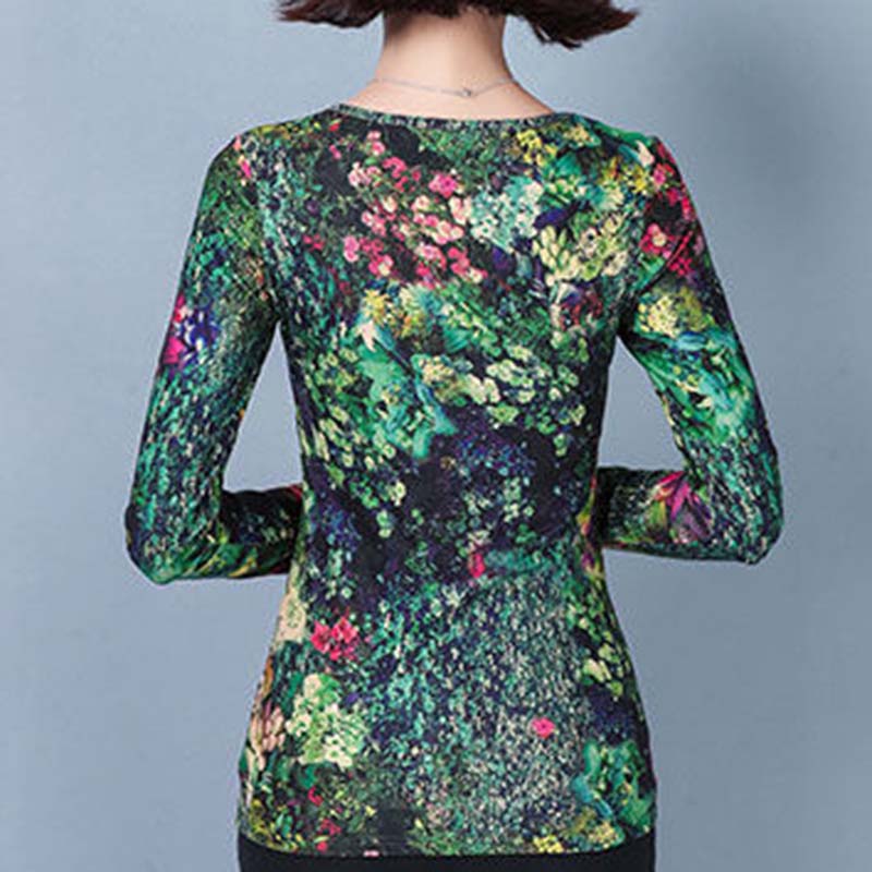 Women's Spring and Autumn Round Neck Long-sleeved T-shirt Printed Loose Top Mother Clothes