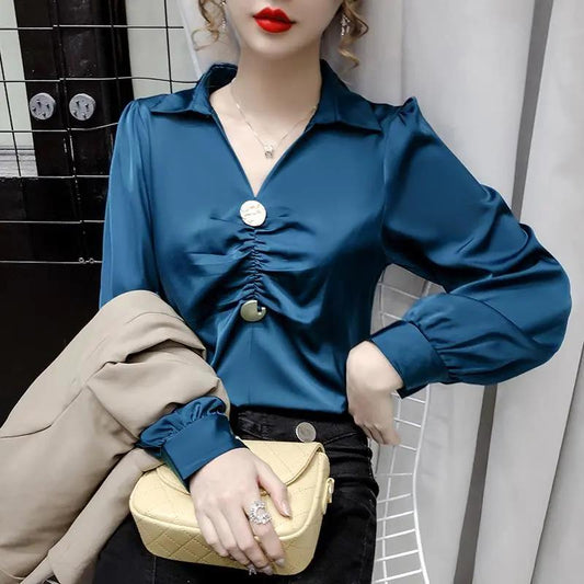 Women's Spring and Autumn Chiffon T-shirt Loose V-neck Long-sleeved Top