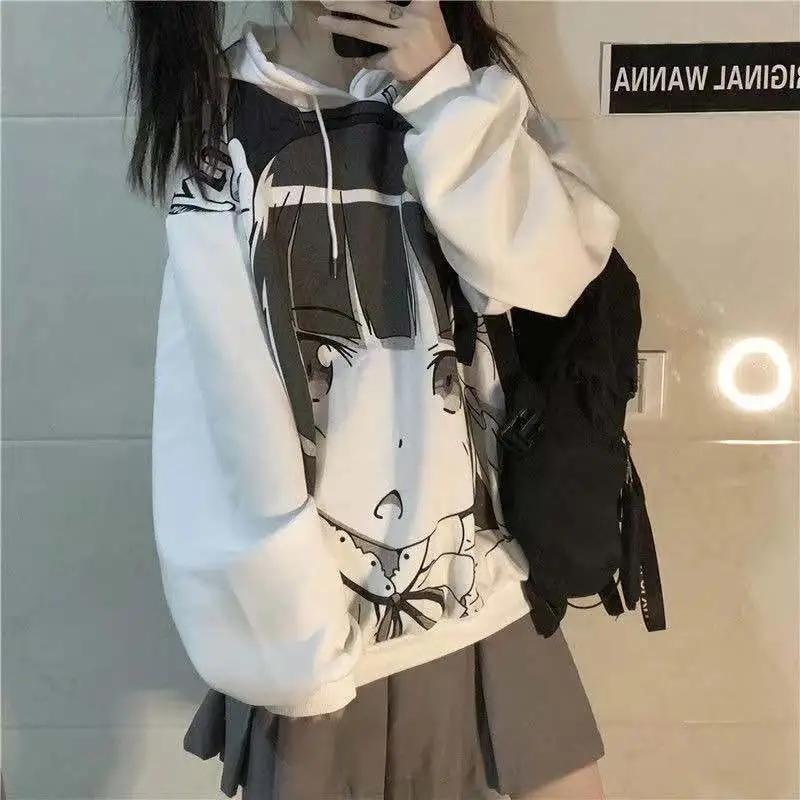 Hoodies Women Anime Fashion Pullover Sweatshirt White Fleece Warm Autumn Winter Hooded Tracksuit Streetwear Harajuku Hip Hop Top Clothes Lady