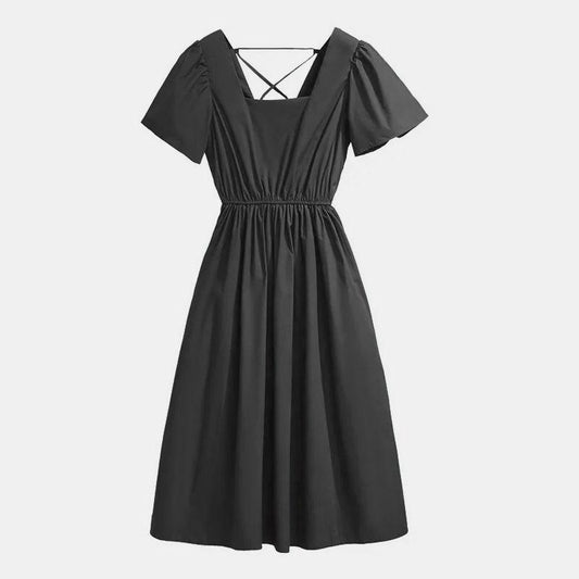Dress Women's Spring Summer Plus Size Casual Solid Color Dress Square Collar Short Sleeve Open Back Cotton All-match