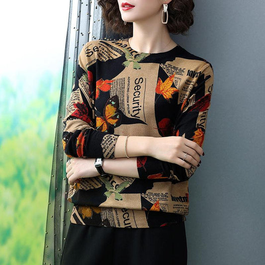 Autumn and Winter Vintage Letter Printing Cashmere Sweater Women's Knitted Bottoming Sweater Loose O-Neck High-end Sweater Warm Knit Jumper