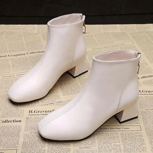Women's Thick Heel Short Boots Autumn and Winter Trend All-match High-heeled Boots Short Tube High-top Shoes Square Toe Plus Fleece Boots