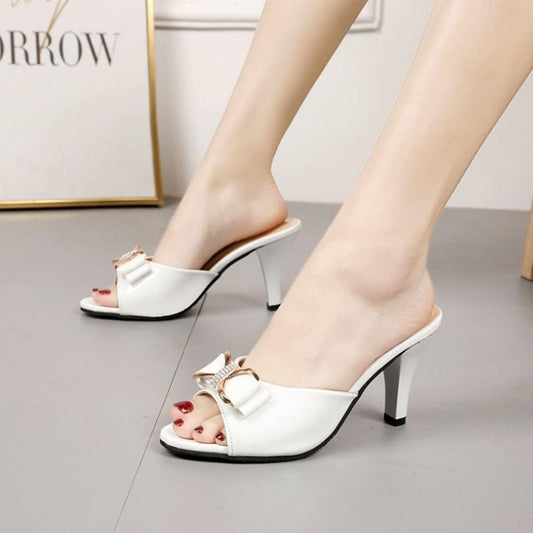 High-heeled Slippers Summer Wear Korean Style Bow Thong Stiletto Medium-heeled Women's Shoes