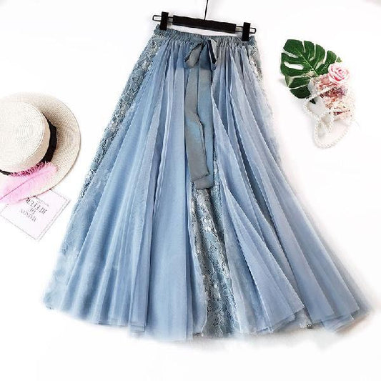 Elastic High Waist Women Tulle Skirt Spring Summer Ladies Mesh Long Skirt Elegant A Line Girls Skirts