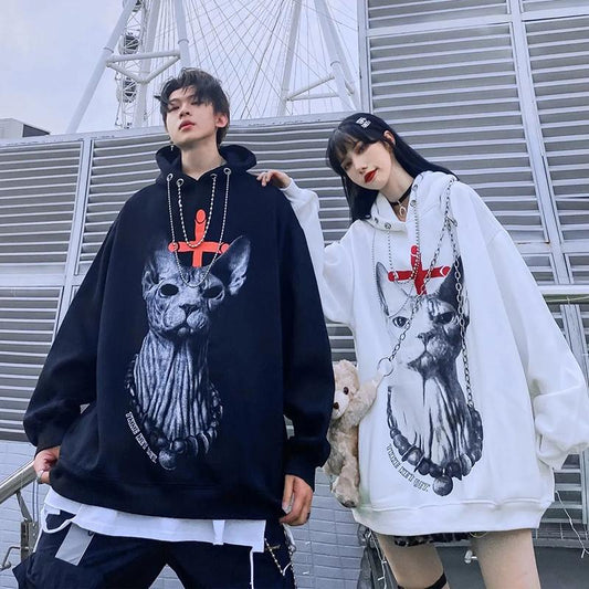 Gothic Punk Sweatshirts Pullover Hoodies Women White Black Printed Oversized Harajuku Sport Shirt Fashion Streetwear Tops with Chain Girl Long Hoodies
