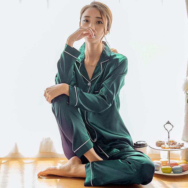 Women's Silk Satin Pajamas Set Couple Solid Color Sleepwear Suit Female Sleep Two-piece Set Men Plus Size Soft Loungewear