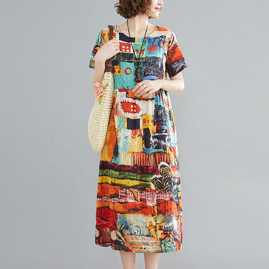 Ethnic Style Dress Female Summer Lively Bright and Loose Mid-length Summer Print Literary Plus Size Skirt