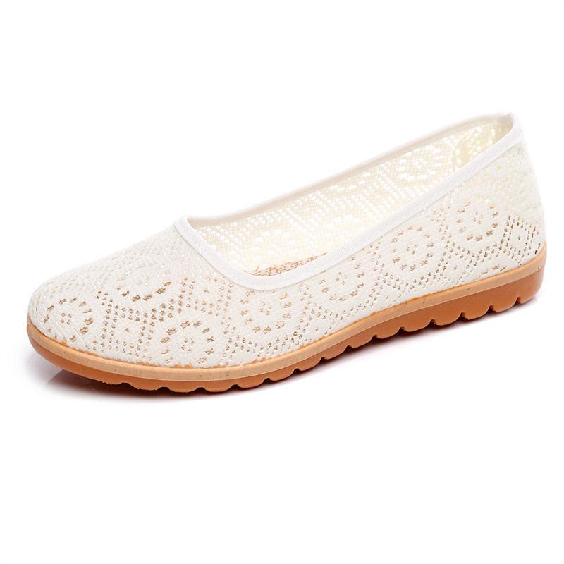 Summer Lace Cloth Shoes Female Mother Shoes A Pedal Beef Tendon Bottom Hollow Mesh Middle-aged and Elderly Flat Bottom Breathable