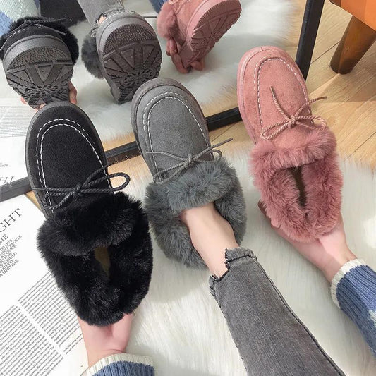 Fur Shoes To Keep Warm In Autumn and Winter Plus Velvet Korean Version of All-match Flat Snow Boots Women's Cotton Shoes