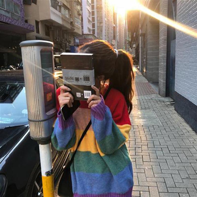 Rainbow Striped Sweaters Women Jumpers Knitted Round Neck Loose Pullover Long Sleeve Knit Sweater Autumn Winter Female