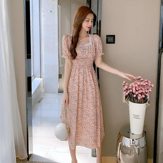 Female Little Fresh Sweet Vintage Holiday Dress Slim High Waist Square Neck Elegant Floral Print Lace Dress