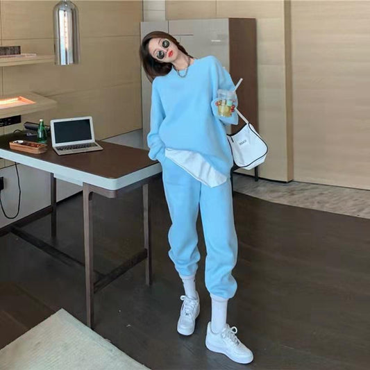 2PCS Women's Velvet Thickened Loose and Thin Sports Suit Two-piece Casual Sweater Solid Color Casual Sweater Suit Autumn Trousers Hooded Sweater