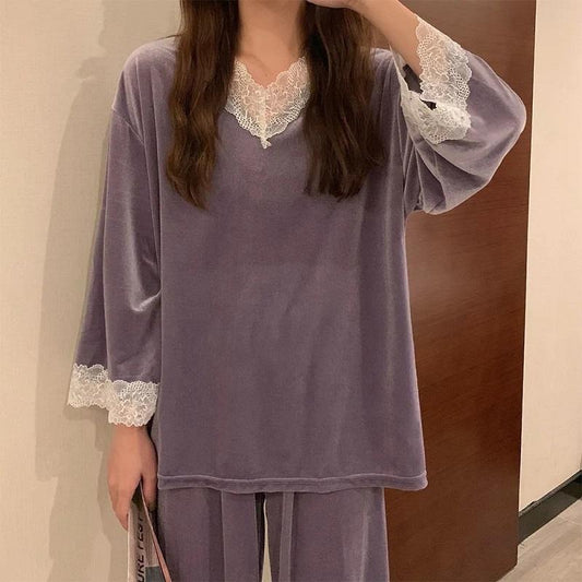 Women's Spring Autumn Lace Long-sleeved Pajamas Suit Winter Velvet Sexy Pyjamas Loose Comfortable Skin-friendly Homewear Breathable Sleeping Suit