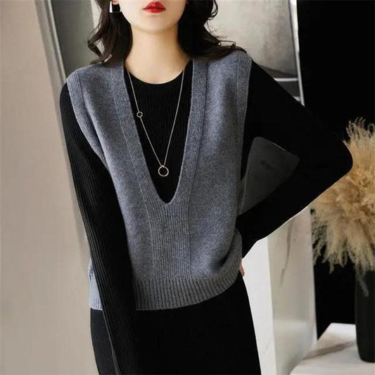 Spring and Autumn Korean Version of The V-neck Solid Color Knit Sweater Vest Women Loose Pullover Topsjavascript: void(0)