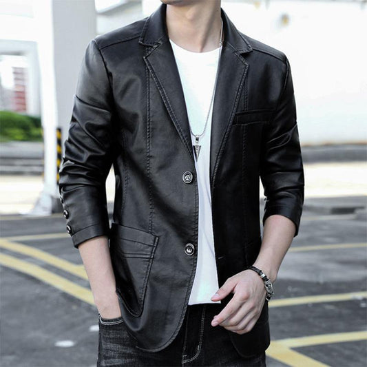 Leather Men's Autumn and Winter Slim Korean Leather Jacket Business Casual Plus Velvet Thick Leather Suit Jacket