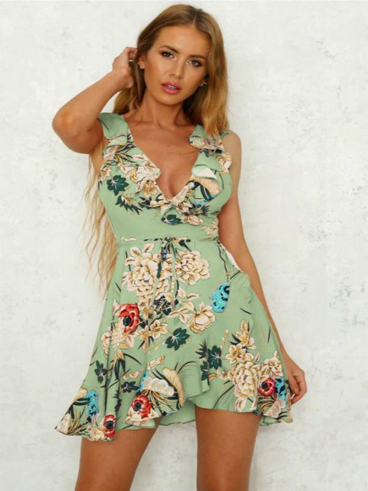 2019 Women Summer Sleeveless Ruffle V Neck Bohemian Beach Dress Floral Short Casual Vestidos