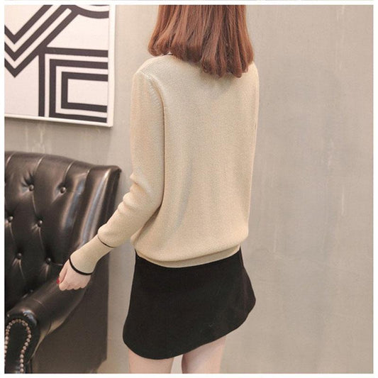 Autumn Women Blue V-neck Pullover Sweater Lazy Loose Solid Color Casual Sweater Pullovers