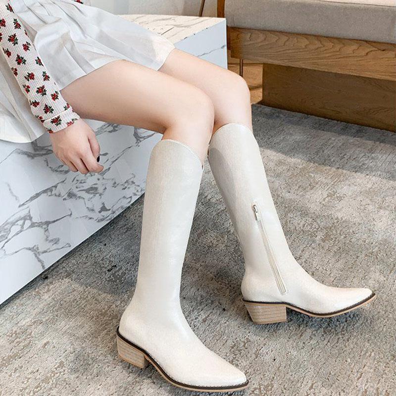 Leather Knee High Boots for Women Pointed Toe High Boots Ladies Chunky Heels Cowboy Boots Winter