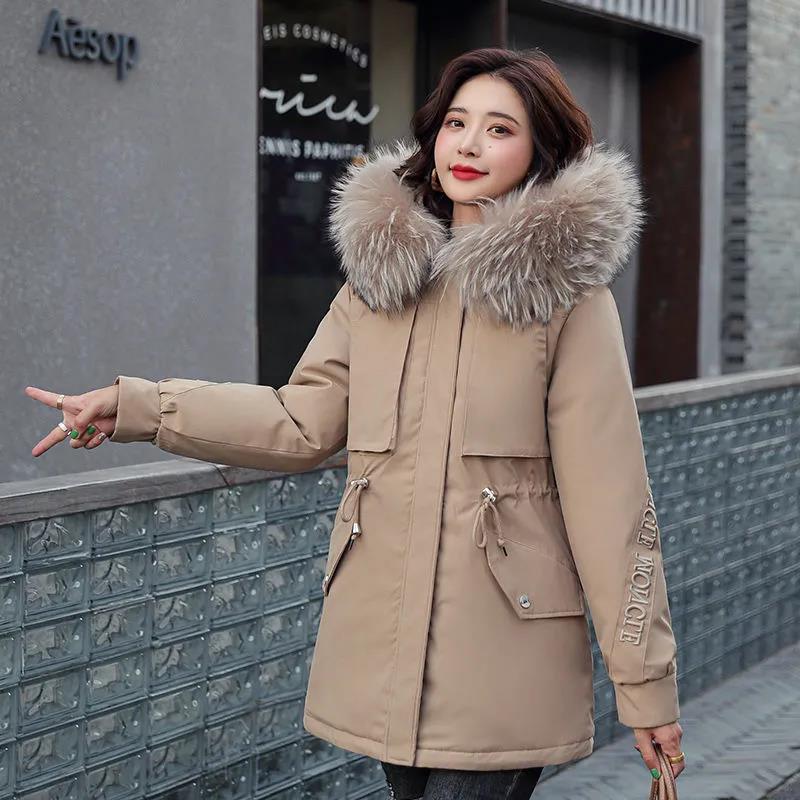 Parka Women's Large Fur Collar Down Padded Jacket Warm Cotton-padded Jacket Waist Down Padded Jacket Comfortable and Soft
