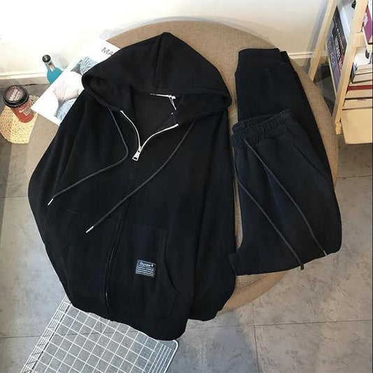 Women Korean Loose Sports and Leisure Two-piece Suit Autumn and Winter Plus Velvet Thick Zipper Sweater