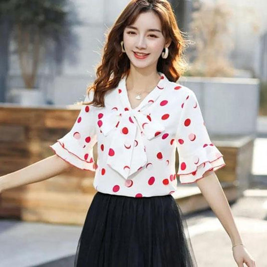 S-4XL Women's Spring Summer Short Sleeve Blouses Large Size Loose V-Neck Solid Color Slim Dots Print Tops