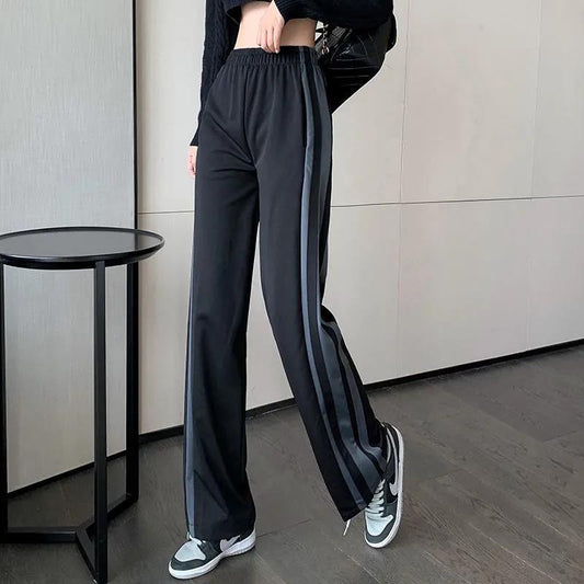 Hong Kong Style High Waist Casual Sports Wide-leg Pants Striped Wild Loose Straight Mopping Trousers Women