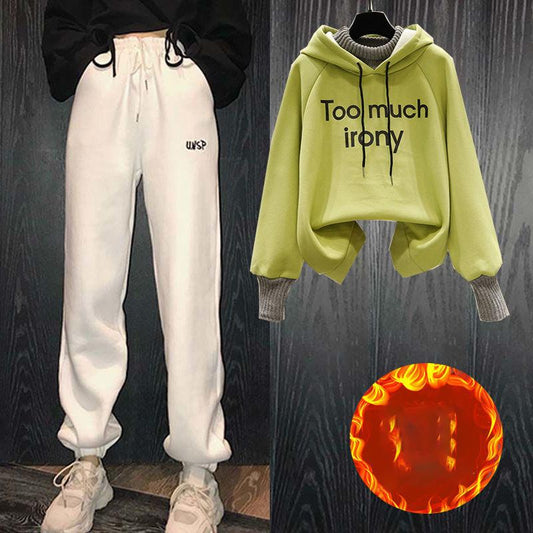 Plush Thick Hoodie Two-piece Suit Women Leisure Loose Sports Suit Stand-up Collar Zipper Hoodie Suit Loose and Comfortable