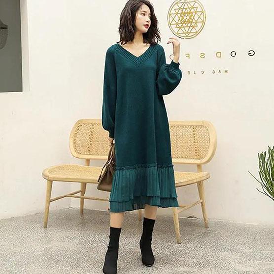 Women's Solid Color Knitted Dress Autumn and Winter Long Sleeve Retro V-neck Loose Slim Simple Versatile Long Ruffle Dress