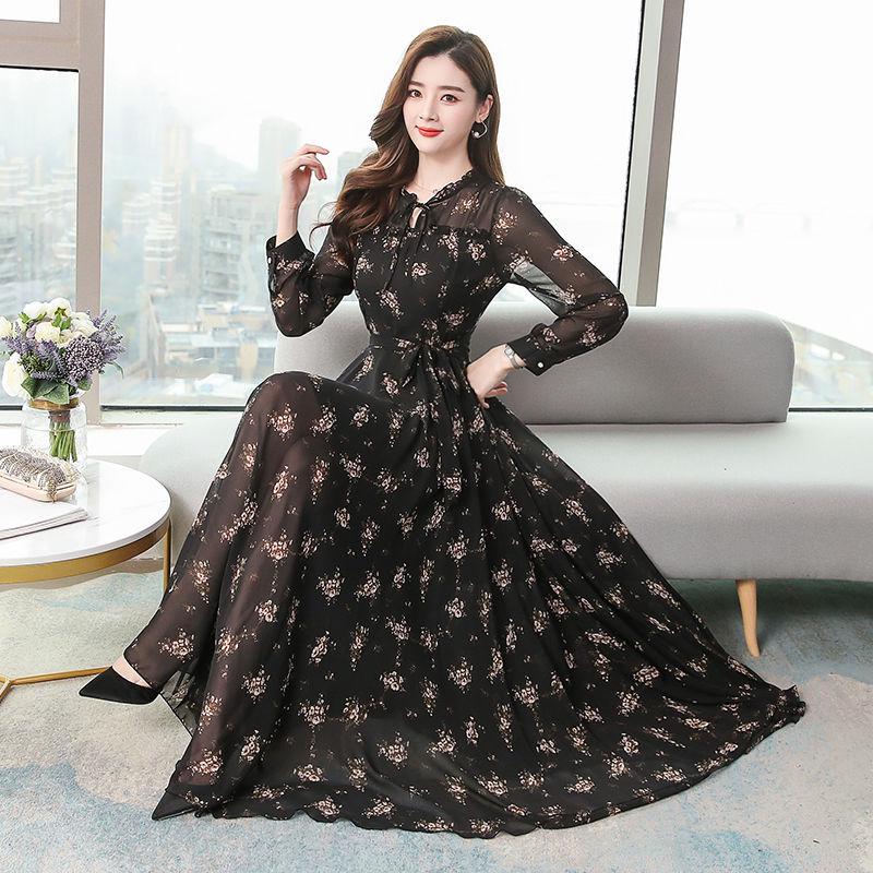 Plus size spring and autumn women's dress chiffon dress waist large swing floral long sleeve dress