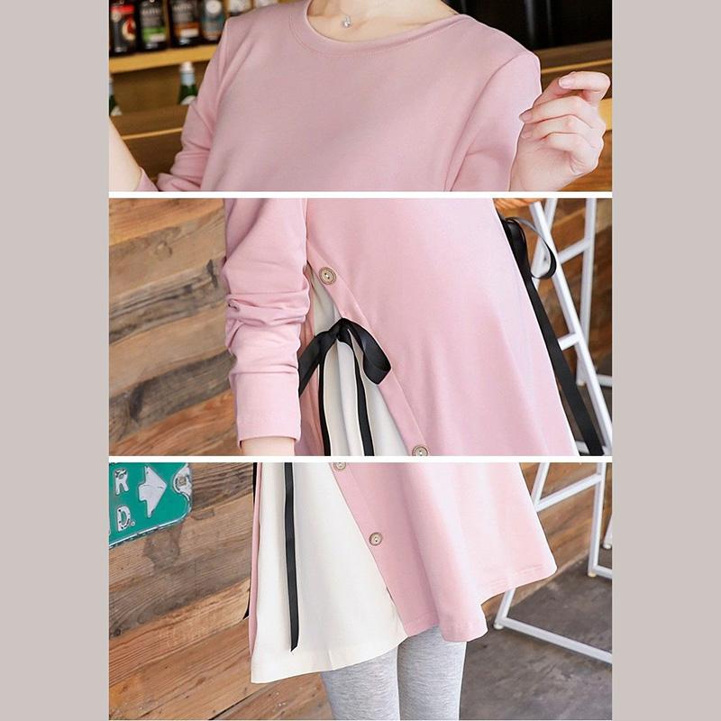 Maternity Clothes Long Sleeve Dress Mid-length Loose Plus Size Round Neck Skirt Buttons Ribbon