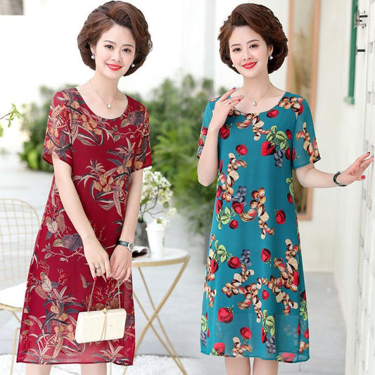 Chiffon Dress Loose Large Size Short Sleeve Summer Middle-aged Women's Dress