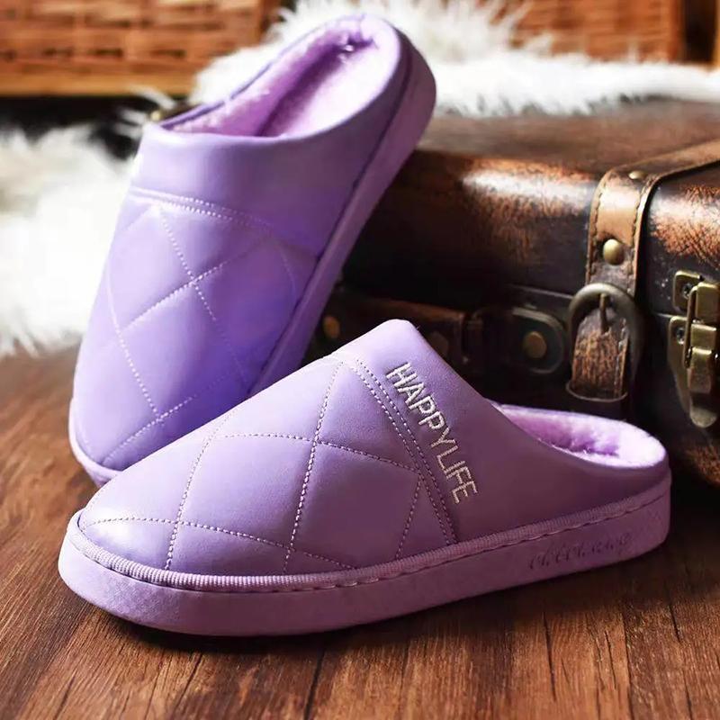 Winter Platform Slippers Women Leather Waterproof Plus Size Mens Thick Fleece Warm Cotton Shoes Home Indoor Casual Non Slip Slides Winter Slipper
