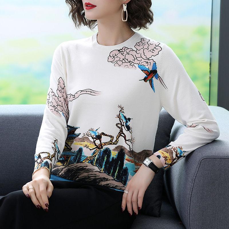 Autumn Winter 3D Printed Woolen Sweater Vintage Knit Bottoming Sweater Warm Plus Size Wool Blend Jumper Tops