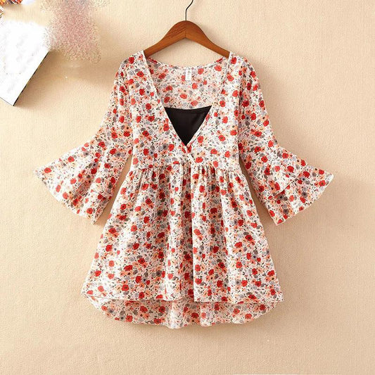 Floral chiffon shirt female summer student large size loose shirt short-sleeved top