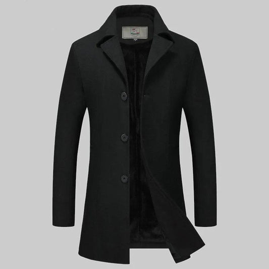 Men's Autumn and Winter Thick Woolen Coat Mid-length Slim Business Coat Winter Single-breasted Wool Trench Coat Solid Casual Suit Collar Warm Outfit