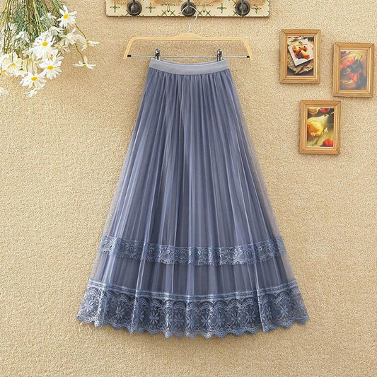 Golden Velvet Yarn Skirt Woman's Mid-length Elastic Waist Printed Lace High Waist A-line Skirt Pleated Skirt School Work Travel