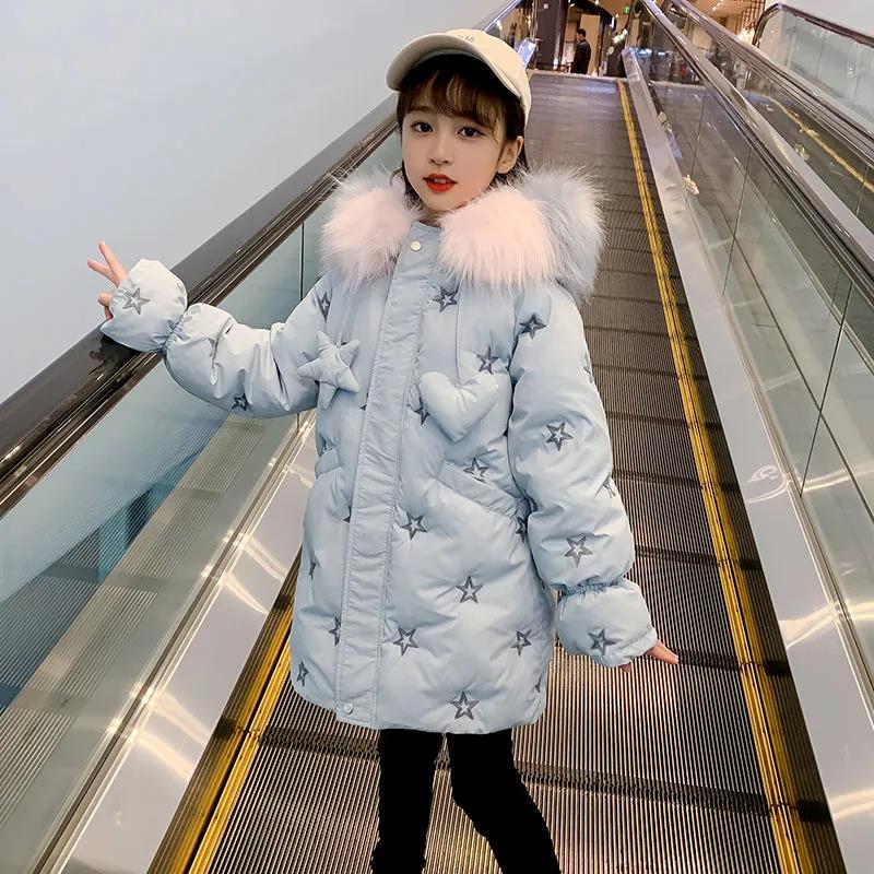 Girls Winter Warm Cotton Jacket Thicken Plus Fleece Large Fur Collar Windproof Winter Clothes