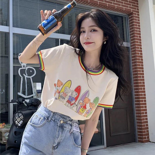 Women's Sweet Round Neck Printed T-Shirt Short Sleeve Summer Loose Top