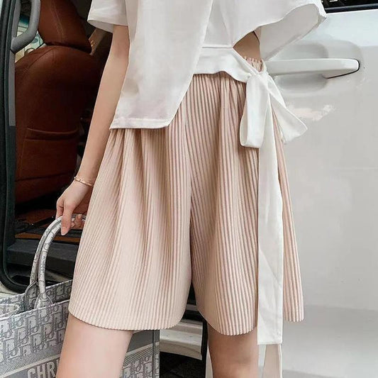 High Waist Large Size Pleated Wide-leg Shorts Solid Color All-match Women's Casual Sports Shorts Vertical Sense Shorts Women's Elastic Waist