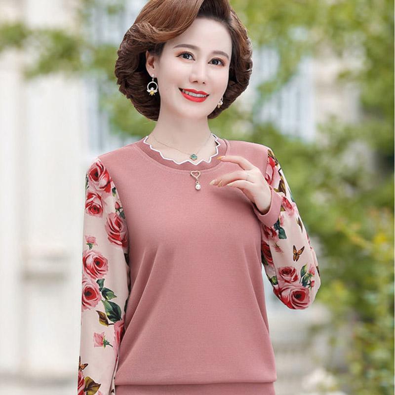 Spring and Autumn Mother Wear Long-sleeved T-shirt Top Women's Middle-aged Bottoming Shirt