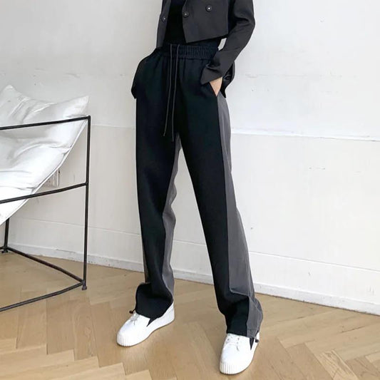 Large Size Wide-leg Pants Women's High Waist Drape Contrast Color Stitching Casual Mopping The Floor Straight Leg Slimming All-match Sports Trousers