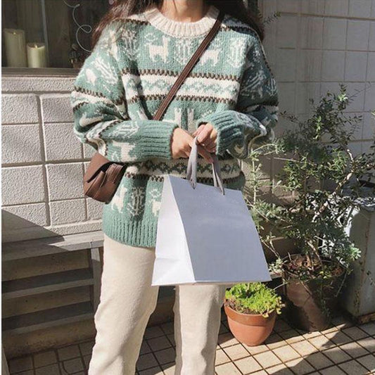 Autumn and Winter Retro Knitted Sweater Casual Round Neck Thick Coat Jacquard Loose Female Top