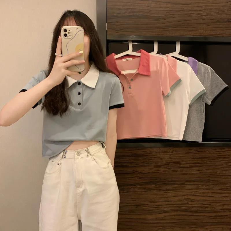 Women's Summer Short Sleeve T-Shirts Polo Collar Cropped Tops Women