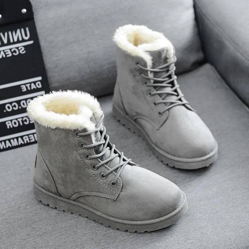 Winter Boots Black Grey Red Shoes for Women Ankle Boots Lace Up Warm Fur Snow Boots Faux Suede Booties Woman Flat Shoes