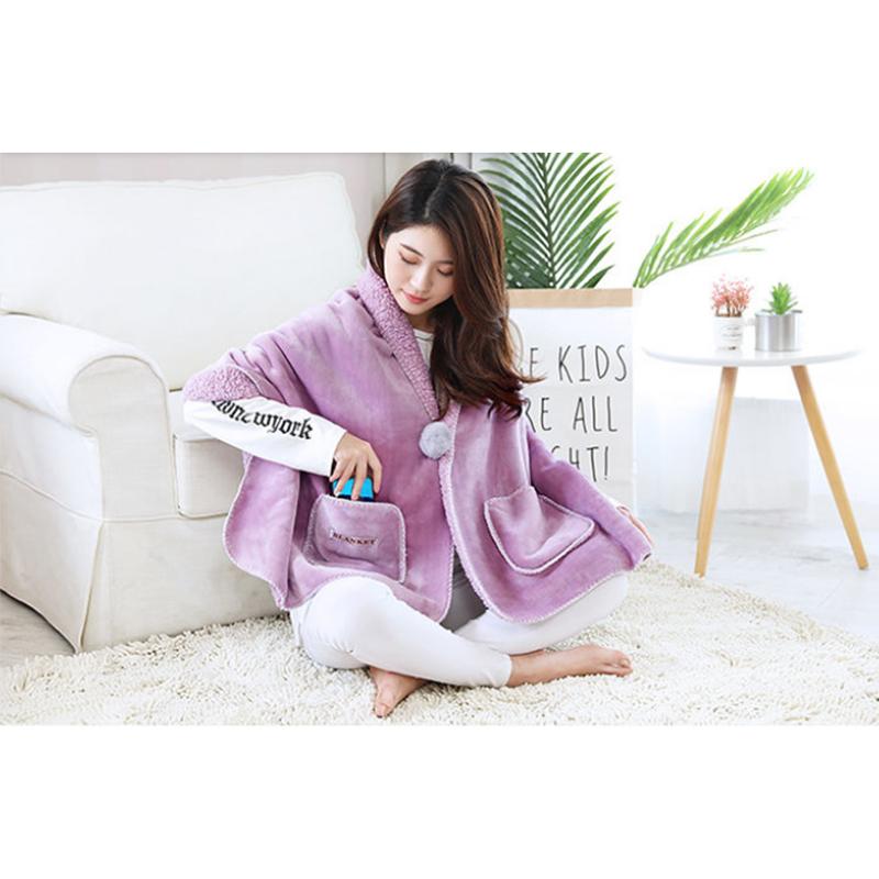 Autumn Winter Multi functional Shawl Blanket Office Nap Blanket Thick Flannel Lamb Wool Blanket Knee Blanket Fur Ball Pocket Mantle Shawl