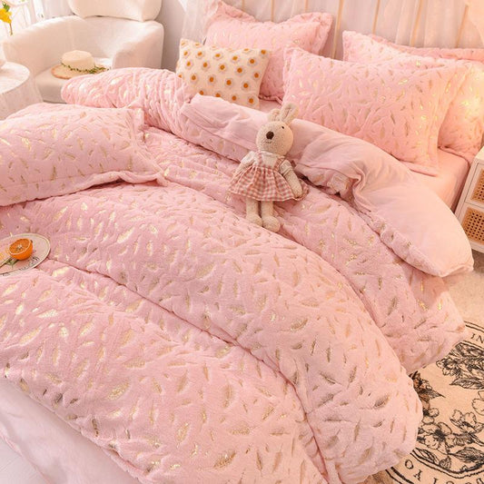 4pcs/set Winter Coral Fleece Duvet Cover Thick Warm Flannel Sheets Korean Style Sheets